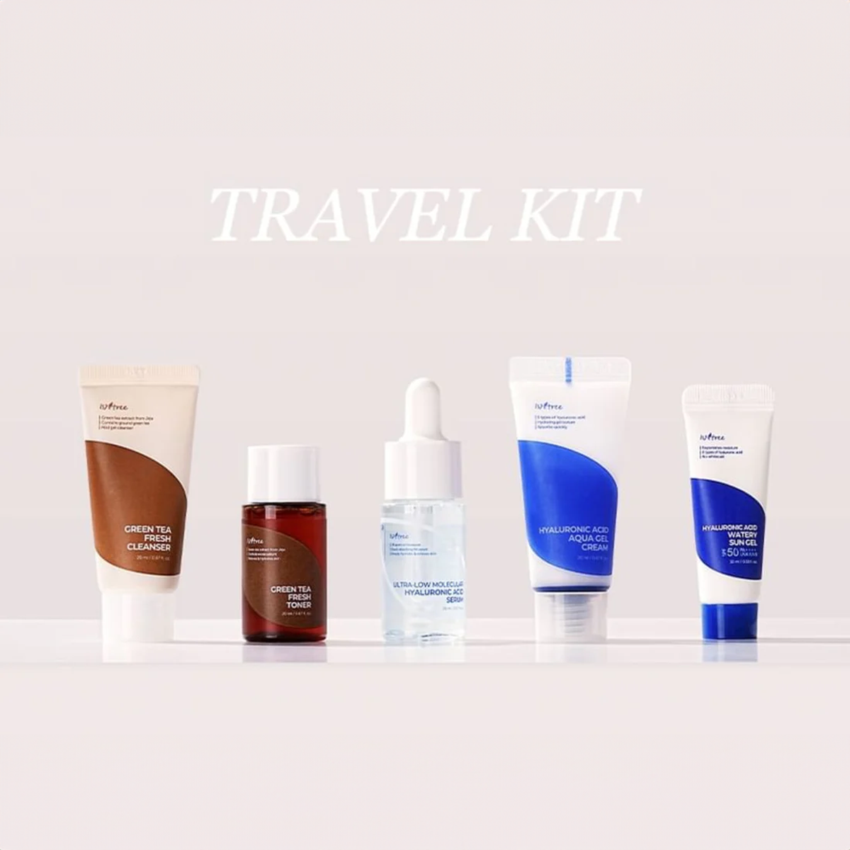 Isntree - Isntree Travel Kit - 1 set (5 items including Green Tea Fresh Cleanser 20ml - Green Tea Fresh Toner 20ml - Ultra-Low Molecular Hyaluronic Acid Serum 20ml - Hyaluronic Acid Aqua Gel Cream 20ml - Hyaluronic Acid Watery Sun Gel 10ml