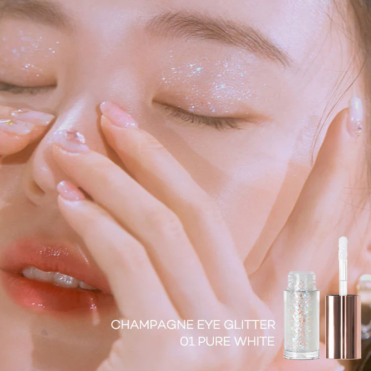 Peach C - Champagne Eye Glitter - high-impact eye glitter - long-lasting adherence - non-irritating formula on top of holographic glow