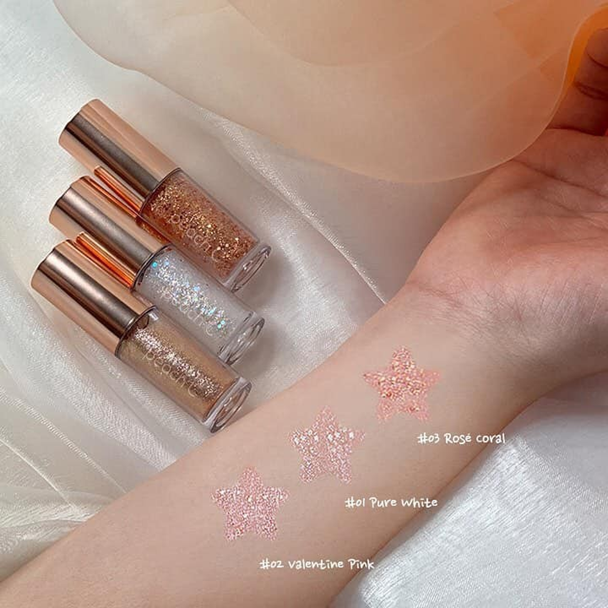 Peach C - Champagne Eye Glitter - high-impact eye glitter - long-lasting adherence - non-irritating formula on top of holographic glow
